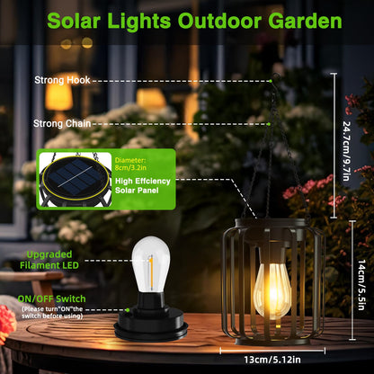Ddlisu 2 Pack Solar Lanterns Outdoor Waterproof, Upgraded Metal LED Lanterns, Warm Light, Auto On/Off, Brighter Hanging Solar Lantern for Yard Patio Pathway Porch Garden Decor (Columnar)