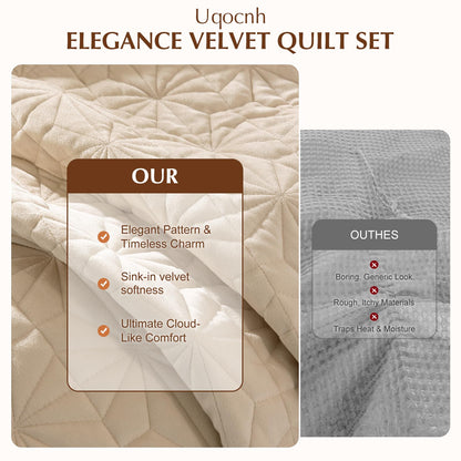 Uqocnh Luxury Velvet Quilt Set Queen Size 3 Piece, Soft Channel Stitch Velvet Comforter Set with 2 Pillow Shams, Lightweight Coverlet Bedspread Bedding Set for All Seasons, Beige