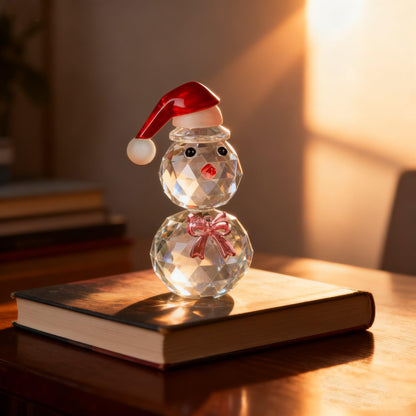 vskikris Christmas Snowman Figurine - Sparkling Crystal Snowman Figurine Decorations Christmas Glass Figurine Ornament with Red Hat, Festive Table Decor Xmas Gift & Collectible Paperweight