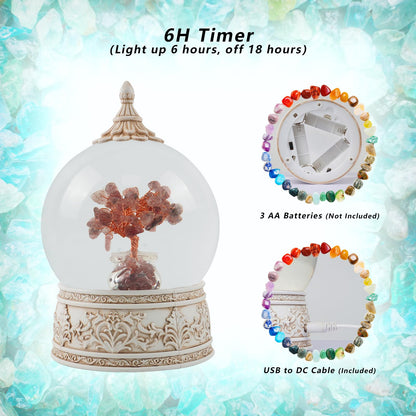 Strawberry Quartz Healing Crystal Tree Globe Colorful Lights and Glitter, Natural Gemstone Base, Spiritual Meditation, Positive Energy Good Luck, Home Decor, Birthday Gifts (Strawberry Quartz)
