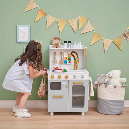 Teamson Kids Little Chef Memphis Wooden Play Kitchen for Toddlers with 16 Accessories, Realistic Pretend Cooking Set with Microwave Oven Sink Faucet Storage for Kids Ages 3+ Gray Gold Marble