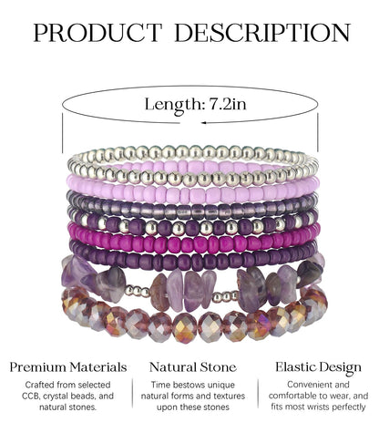 Noessla Boho Beaded Bracelets for Women Stackable Irregular Natural Stone Bead Stretch Bracelet Set 8PCS Costume Jewelry Gifts for Her(Purple)