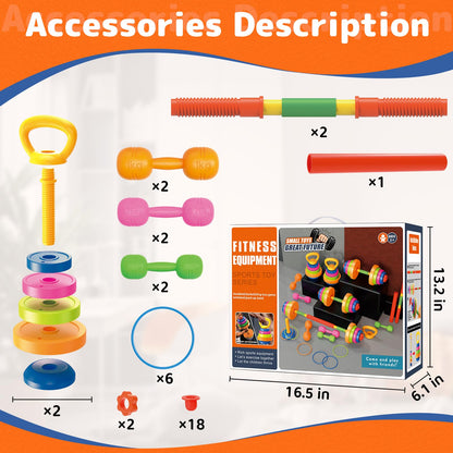 6-in-1 Kids Weight Set- Dumbbell, Barbell, Kettlebell, Ring. Adjustable Workout Equipment Toy for Children Pretend Kids Exercise Equipment, Toddler Weights Gym Workout Bench Set Gift for Baby Boy Girl