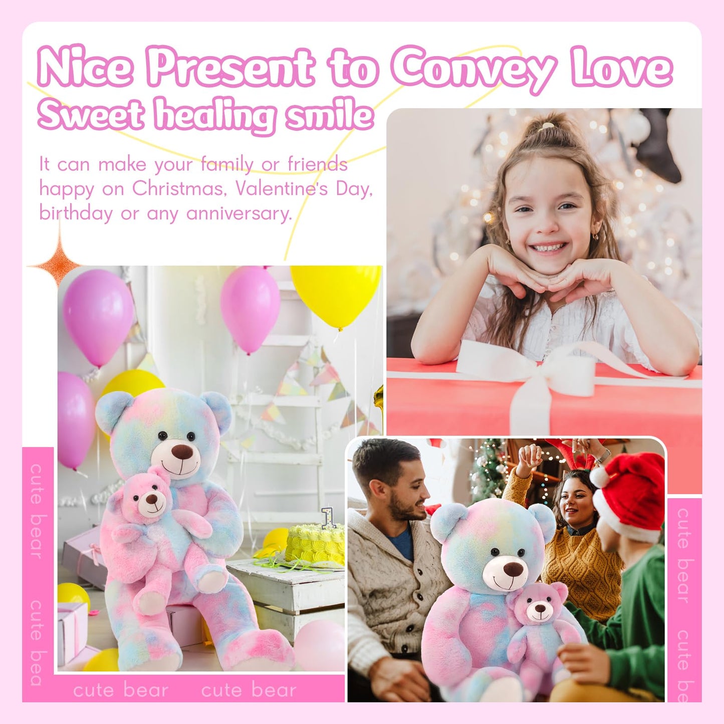 Tezituor Big Teddy Bear with Baby, 39 inch Large Mommy Teddy Bear with Baby, Giant Stuffed Bear for Kids, Girlfriend on Mother's Day, Valentine, Christmas, Baby Shower, Tie-dye Pink