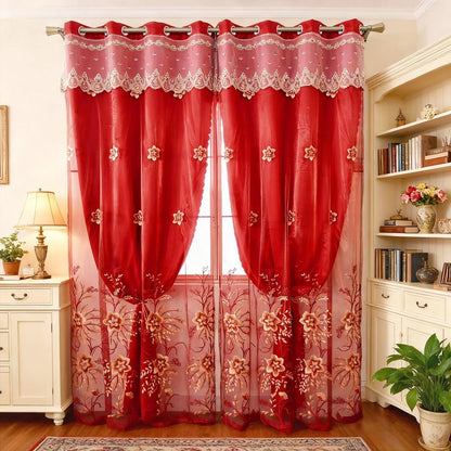 Amidoudou 1 Pair European Double Layer Curtains for Living Room Bedroom Luxury Flower Embroidered Curtains with Valance (Red,52x95 Inch)