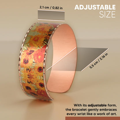 Moreni Copper Bracelet for Women – Handmade Engraved Cuff Inspired by “Sunflowers” – Artistic Pure Copper Jewelry with Gift Wooden Box