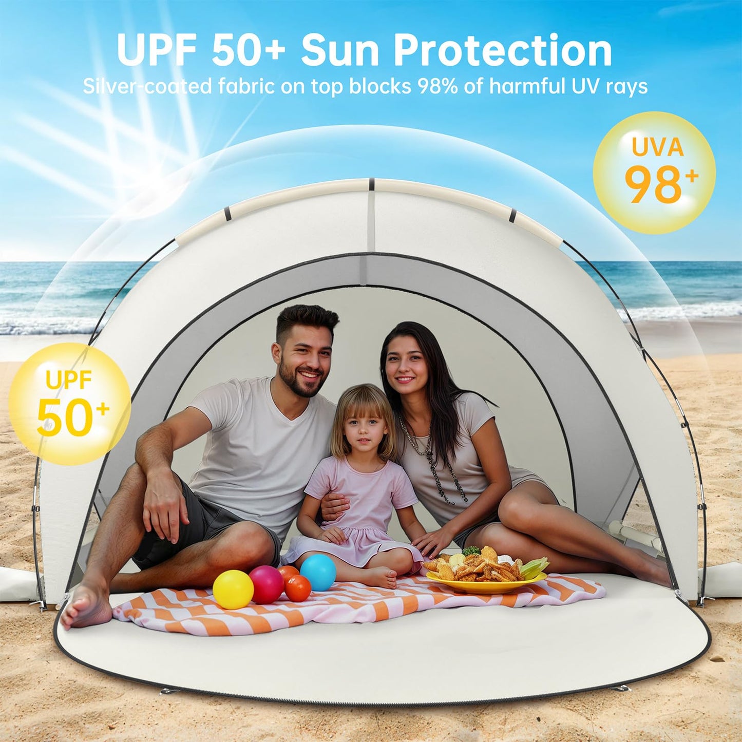 Raynesys Beach Tent Sun Shelter, Beach Shade Tent with UPF50+ UV Protection, Sun Shelter for 1-3 Person, Beaches Shade with 2 Zippered Doors, Portable Tents for Camping Fishing, Beige
