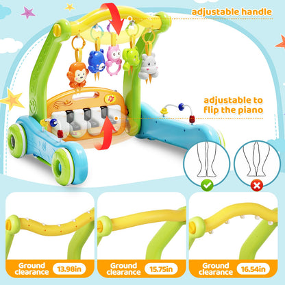 Baby Gym Play Mat with Walker, 2 IN 1 Kick and Play Piano Activity Center with Light & Music, Tummy Time Mat & Baby Push Toys for 0-6 12-18 Months, Sit-to-Stand Learning Walker for Infant Toddler Gift