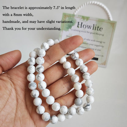 Handmade Natural Gemstone Elastic Bracelet - Healing Crystal Beads Jewelry, Unisex (Howlite, 8mm)