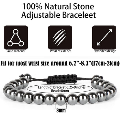 QOGIR Handmade Healing Bracelets,8mm Natural Hematite Gem Stone Beads Bracelet,for Men Women Gifts with 2PCS Size Adjustable Rope Bracelets