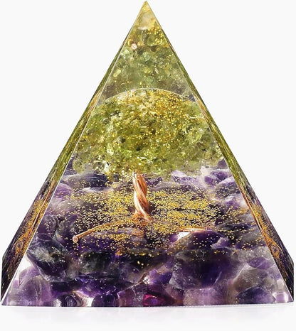 EternalOrgone Tree of Life Orgone Pyramid for Positive Energy, Orgonite Peridot&Amethyst Healing Crystal Pyramids for Reduce Stress Chakra Reiki Healing Meditation Attracts Lucky and Success