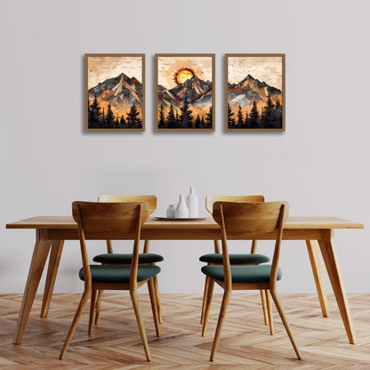soonkiss Warm Tone Geometric Mountain Wall Art Set of 3, Abstract Sunset Forest Canvas Prints, Boho Nature Wall Decor for Living Room Bedroom Office 12x16 Inch