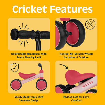 Retrospec Cricket Baby Balance Bike, 4-Wheel Ride-On Toy for Ages 12-24 Months – First Bike & Toddler Bike for 1 Year Old Boys & Girls, First Birthday Gift