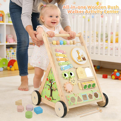 Wooden Baby Walker with Wheels Baby Push Walker for Boys Girls 6-12 Months Wooden Walker Activity Center Walking Toys for 1 Year Old Learning to Walk Sit to Stand Walker for Baby 12-18 Months Push Toy