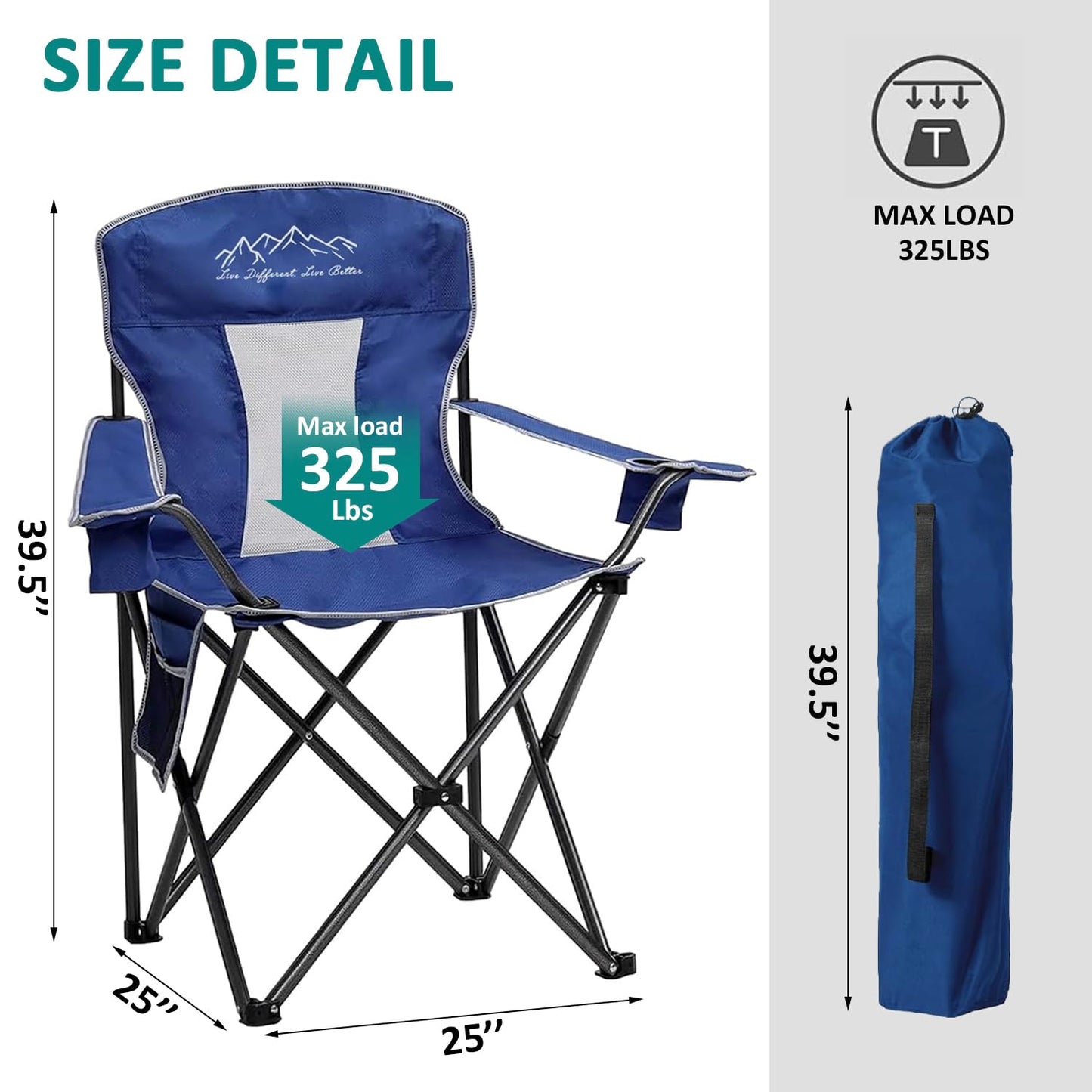 SAILARY Outdoor Folding Camping Chair with Cup Holder, Storage Bag, Large Anti-Sink Feet, 400lbs Capacity, 2 Pack Breathable Mesh Portable Chair for Camping, Beach, Fishing, Sports, Blue