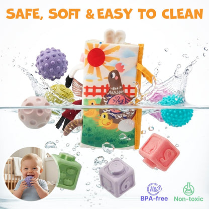 JoyCat Baby Toys 6-12 Months, Montessori Sensory Baby Toy Set with Stacking Cups, Soft Blocks, Tissue Box Toy, Spinner Toys, Sensory Balls, Cloth Book, Infant Learning Toys, Baby Gift for Boys & Girls