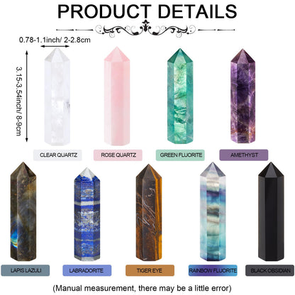 Junkin 9 Sets Healing Crystal Wand, Amethyst Rose Quartz Clear Quartz Tiger Eye Obsidian Fluorite Labradorite Lapis Lazuli for Meditation Crystal Therapy Reiki Supplies(Mixed Color,3.2-3.5 Inch)