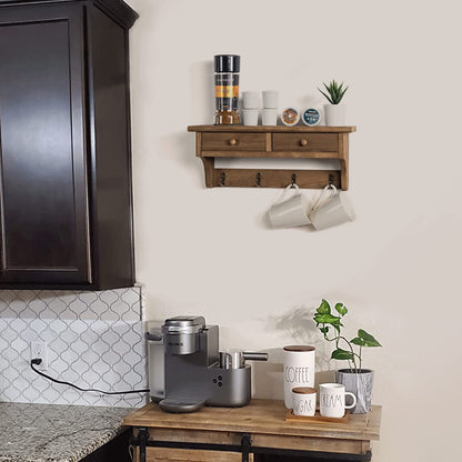 Emfogo Coat Hooks Mounted, Rustic Wood Coat Rack Mount Shelf with Hooks, Farmhouse Coat Rack with Shelf & Coat Hook for Entryway, Mudroom, Bedroom, Kitchen, Bathroom(Walnut)
