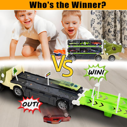 Dinosaur Toys for Kids 3-5,61 Inch Foldable Dinosaur Truck with 6 Dinosaur Cars,Dinosaur Truck Race Track with Lights & Sounds,Dinosaur Cars Set Birthday Gifts Toys for 3 4 5+ Year Old Boy and Girl