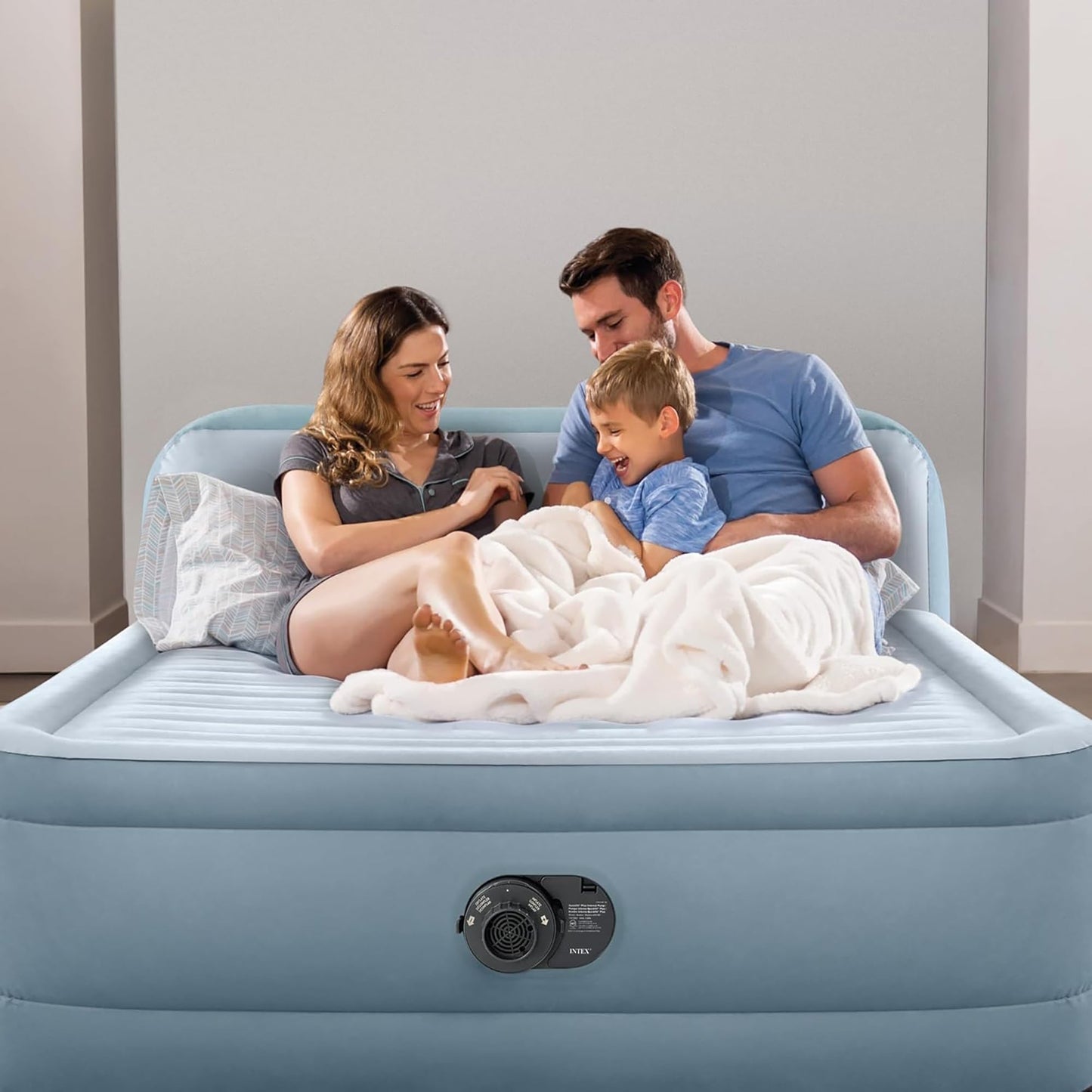 Intex 64449ED Dura-Beam Deluxe Plush Air Mattress with Headboard: Fiber-Tech - Queen Size - Built-in Electric Pump - 18in Bed Height - 600lb Weight Capacity