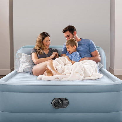 Intex 64449ED Dura-Beam Deluxe Plush Air Mattress with Headboard: Fiber-Tech - Queen Size - Built-in Electric Pump - 18in Bed Height - 600lb Weight Capacity