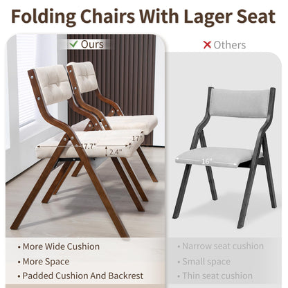HOMEFUN Folding Chairs with Cushion, Wooden Padded Foldable Chair 2 Pack, Portable and Assembled Seat for Guests Kitchen Office Wedding and Party, Camel