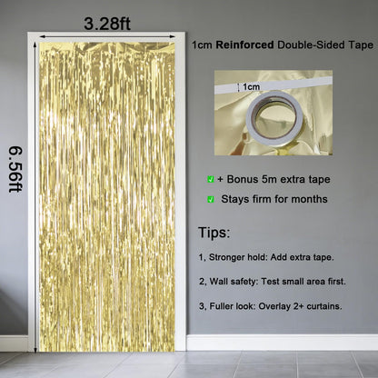 2 Pack Thickened Light Gold Metallic Foil Fringe Curtains Streamer Rip Resistant Shimmer Tinsel Photo Booth Backdrop for Birthday Wedding Christmas Bachelorette Party Decorations 3.28ft x 6.56ft