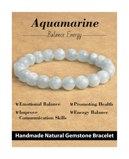 Landorilo Beaded Bracelet for Men Women, 8mm Natural Stone Aquamarine Healing Crystal Stretch Bracelets, Ideal Christmas Birthday Jewelry Gifts with Energy Card，Replacement Beads Included