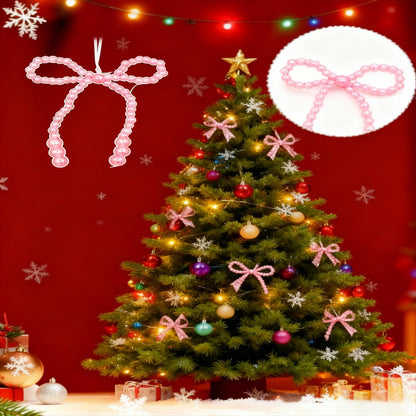 12 Pcs Pearl Bow Christmas Ornaments Pink Bowknot Tree Topper Decor Xmas Hanging Ornament Pendant Decoration