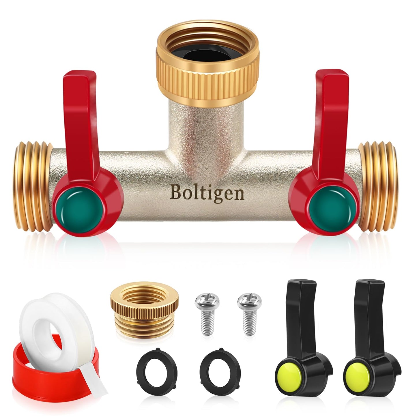 Boltigen 3/4’’ GHT Garden Hose Splitter，2 Way Heavy Duty Water Hose Splitter, Brass Nickel Plated Outdoor Faucet Extender Splitter, T Type 180 Degree Garden Hose Bib Splitter with Shut-Off Valves