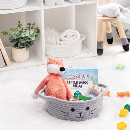 HiChen Small Woven Rope Storage Basket, Cute Cat Toy Basket for Living Room, Baby Baskets for Nursery, Gift Baskets Empty for Baby Shower, Grey, 9.8 x 4 inches
