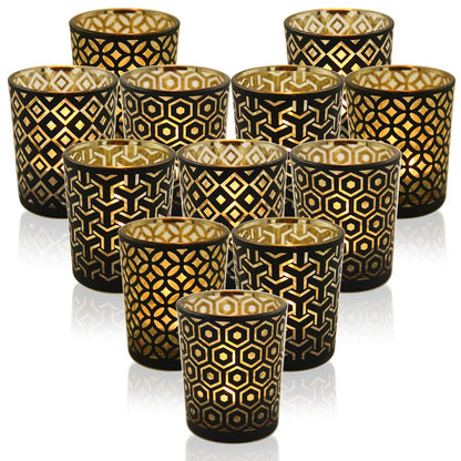 SHMILMH Black Gold Glass Votive Candle Holders Set of 12, Tealight Candle Holder with 4 Patterns for Ramadan Decorations, Eid Mubarak, Wedding Centerpiece, Modern Home Table Decor, Gift Set