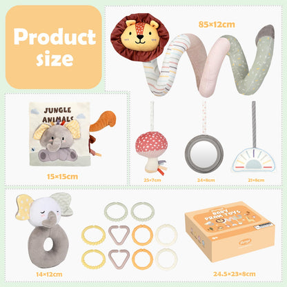 Joyreal Spiral Car Seat Toys with Jungle Soft Book, Plush Rattles and Linking Rings, Stroller & Travel Toy for Newborns and Infants 0-12 Months Girls Boys