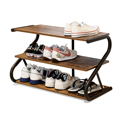 Aroktake 3-Tier Shoe Rack, Wooden Shoe Storage with S Shape Heavy Duty Metal Free Standing, Shoe Organizer Shelf for Entryway, Living Room, Closet, Bedroom (Rustic)