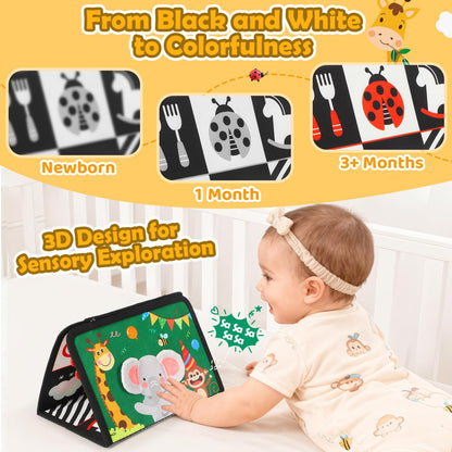 BBWOO Tummy Time Toys, Black and White High Contrast Baby Toys for Newborn, Baby Visual Stimulation Mirror, Montessori Crinkle Book for Infant 0-3-6-12 Months, Boy Girl Shower Gift