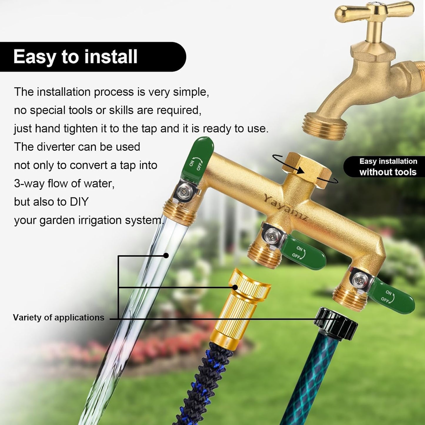 Yayamz Garden Hose Splitter, 3/4” Rust and Freeze Resistant Outdoor Hose Manifold with 3 green Extra Long Handles Faucet Adapter-Heavy Duty Brass 3-Way Valve