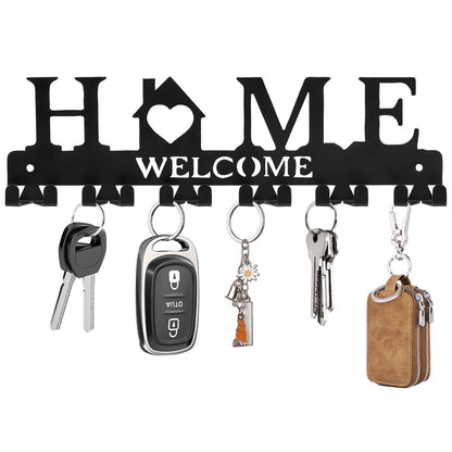 HOMEBROS Key Holder Wall Mount, Adhesive Metal Key Hanger with 6 Double Hooks, 2 Installation Methods, Black