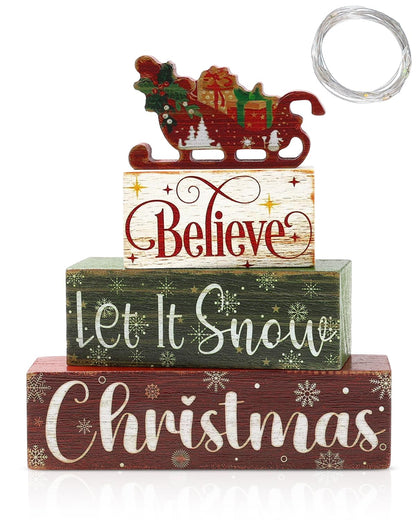 5 Pcs Winter Table Decor Wooden Hot Cocoa Decoration with Lights Centerpiece Winter Tiered Tray Decorative Farmhouse Christmas Decor for Home