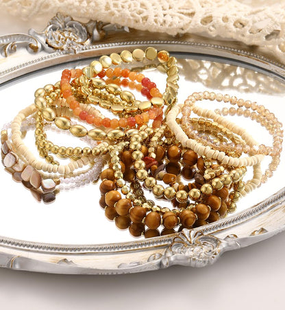 iF YOU 12 Pcs Boho Beaded Bracelets for Women, Brown Bohemian Stackable Gold Bead Stretch Bracelets Stack Beach Jewelry Gift (Brown-12 pcs)