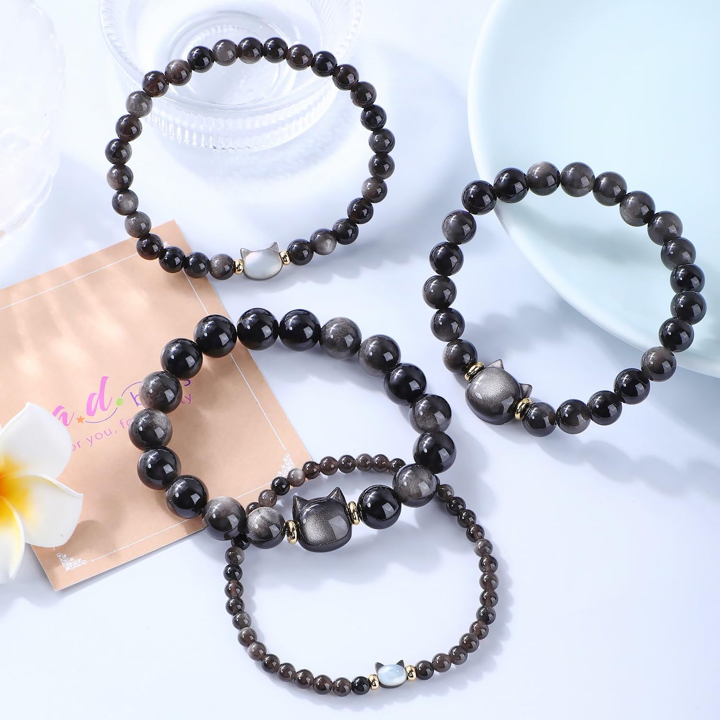 AD Beads 6mm Handmade Obsidian Cat Bracelet Elastic Bracelet – Natural Gemstone for Money Attraction – Meditation, Yoga, Healing and Energy Gift for Men Women