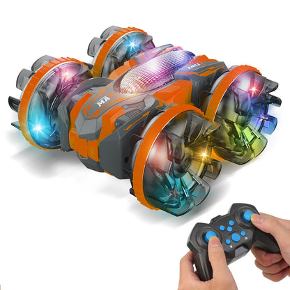 MOMONOVA Amphibious Remote Control Stunt Car with Colorful LED Wheels for Kids 4-7 8-12, 4WD Double-Sided RC Stunt Car, 2.4GHz Remote, 360° Flip, Waterproof Vehicle Toy for Boys Girls Birthday Gift