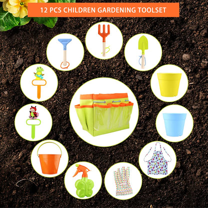 Kids Gardening Tools Kit Children Garden Toy Includes Tote Bag, Spade, Watering Bucket, Spray Bottle, Flower Pot, Apron, Rake, Plant Marker, Fork, Rake and Gloves