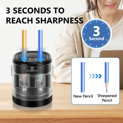 Eagle Electric Pencil Sharpener, Battery or USB Operated, Dual Holes, Dual Blades, fit for Pencils of Size 6-8mm and 9-12mm (Black)