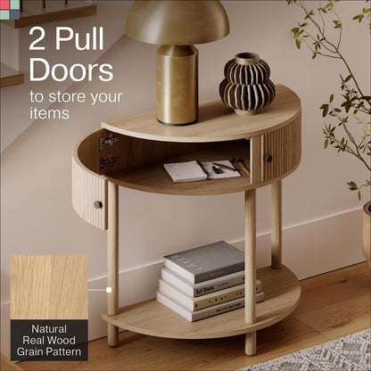 Stead Fluted Half Moon Shaped Console Table, Small Entry Desk, Living Room Furniture, Modern Home Decor, Solid Wood Entryway Table with Two Doors and Black Knobs (Natural Oak)