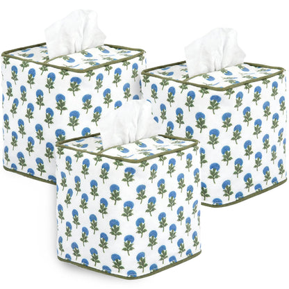 3Pcs Blue Flower Cotton Tissue Box Cover Hand Block Printed 5" x 5" x 5.5" Square Soft Reusable Floral Napkin Holder for Home Kitchen Dining Bathroom Office Cafe (Blue)