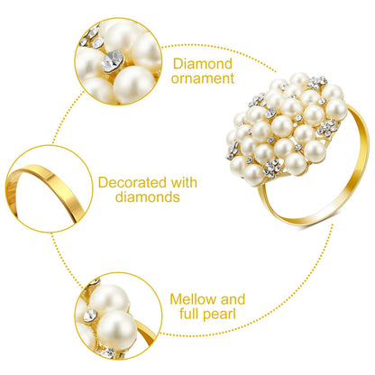 Hotop 12 Pcs Gold Napkin Rings Pearls and Flower Napkin Buckles Rhinestone Bling Round Holders for Wedding Party Dinner Holiday Banquet Christmas Thanksgiving Day Home Table Decoration