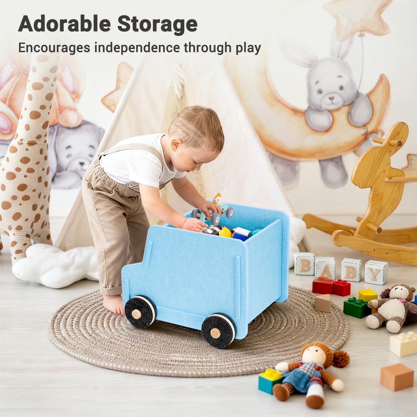 QUEENLINK Toy Storage Box with Wheels, Soft Felt Toy Organizers and Storage for Kids, 17" x 12" x 12", 10 Gal, Multifunction Toy Chest for Living Room, Playroom, Nursery - Light Blue