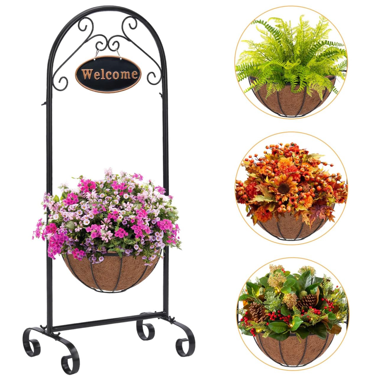 SUNNYPARK Black Metal Welcome Sign Hanging Basket Stand - 40 Inch Decorative Planter Holder for Outdoor/Indoor Plants, Flowers, Herbs - Rustic Garden Decor