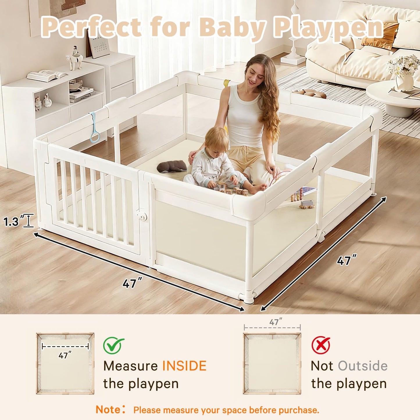 ILPEOD Waterproof Baby Play Mat for Floor Memory Foam 47 * 47 Cushion Playpen Playmat Tummy Time Crawling Mat Nursery Rug Thick Pad Create Soft & Safe Area for Infants,Toddler,Kids,Beige