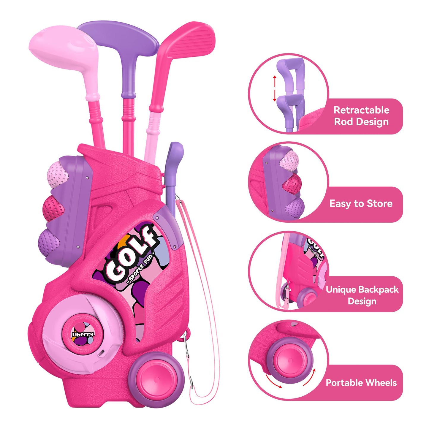 Liberry Toddler Golf Set with Putting Mat for 2 3 4 Years Old Boys Girls, Upgraded Kids Golf Cart with Unique Shoulder Strap Design, Indoor and Outdoor Golf Toys Gifts (Pink)